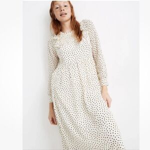 Madewell Sz M Polka Dot Print Smocked Ruffle Shoulder Peasant Boho Midi Dress